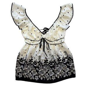Anthropologie Tie Back Shirred Polka Dot Floral Blouse Fairy Black Ivory M Nwt